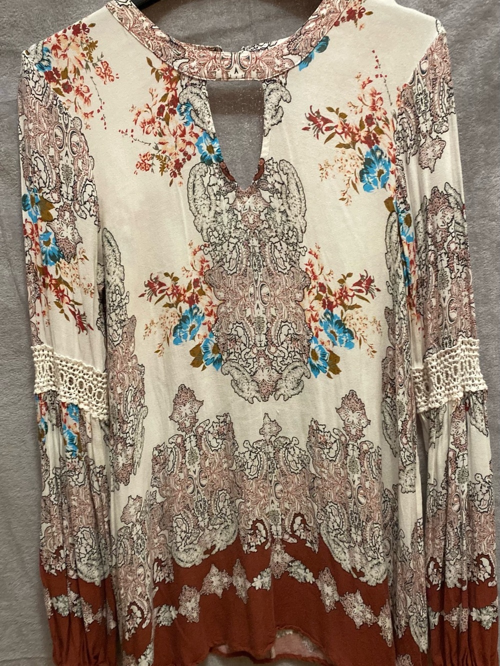 Boho Keyhole Long Sleeve Tee - Cream with Blue & Rust Floral